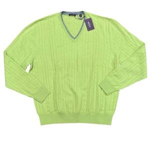 Women’s Cashmere V Neck Pullover Sweater Cable Knit Lime Green Size L